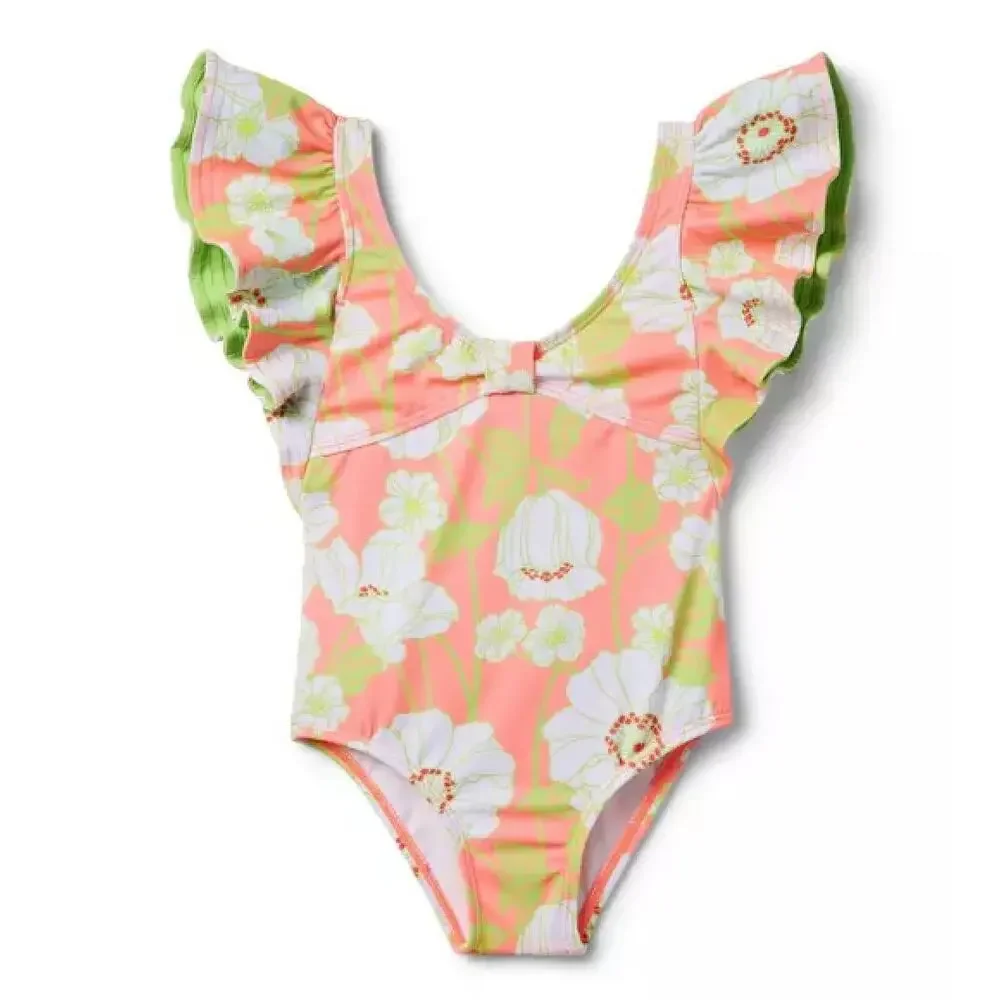 Janie and‎ Jack Ruffle Swimsuit Floral Coral Curl Girls 12-18 Mos Preppy Summer
